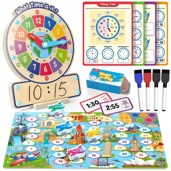 Coogam Wooden Clock Teaching Time Toy, Analog Digital Clock with Fly-Telling Board Game, Learning Educational Toy for 3 4 5 Year Old