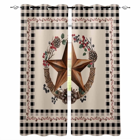 Fsddascl Farmhouse Blackout Curtains for Bedroom/Living Room, Thermal Insulated Kitchen Curtains, Country Star Berry Plaid Lodge Grey Brown Grommet Darkening Window Treatment Drapes 52"x84"x2