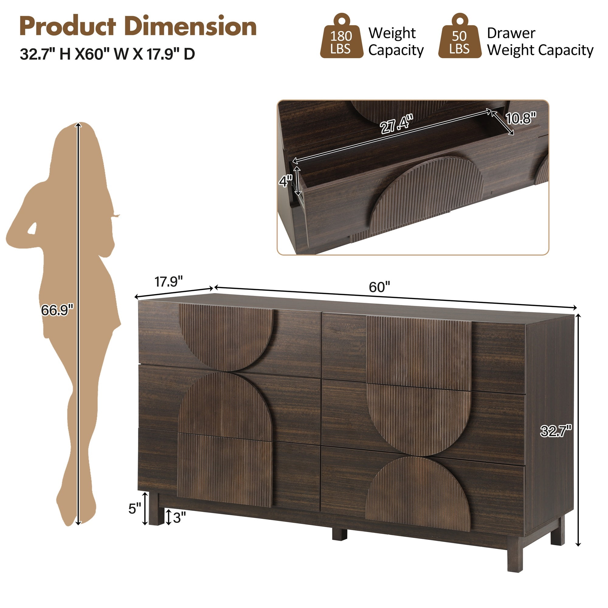 Alvantor 6 Drawer Dresser, 60" Wide Wooden Chest of Drawers, Fluted Dresser for Bedroom,Living Room, Hallway Dark Brown