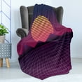 thumbnail image 4 of Synthwave Soft Flannel Fleece Throw Blanket, Striped Sun with Triangular Mountains Retro Checkered Ground Artwork, Cozy Plush for Indoor and Outdoor Use, 60" x 80", Plum Magenta Apricot, by Ambesonne, 4 of 5