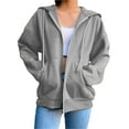 thumbnail image 2 of Women Loose Full Zip Up Hoodies, Long Sleeve Solid Color Plush Lined Hooded Sweatshirts Lightweight Casual Jacket Pullover Tops, 2 of 5