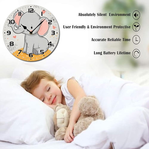 ZXCXRQFa Silent Clocks Cute Baby Elephant Silent Non Ticking Wooden Clock 10 Inch, Round Wall Clock,Decorative for Living Room, Kitchen, Home,Bathroom, Bedroom, Office or School