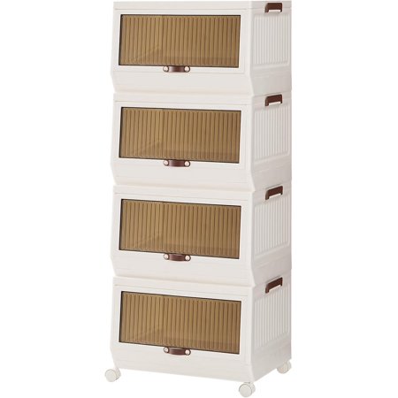 Stackable Storage Bins with Lids 4 Pack Foldable Plastic Storage Cabinet with Doors and Wheels 60 QT Closet Organizers White WG458CW01
