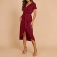 thumbnail image 5 of YHAJDS Womens Short Sleeve Dresses Solid Color Wrap Elastic Waist Short Sleeve V Neck Side Split Dress, 5 of 5