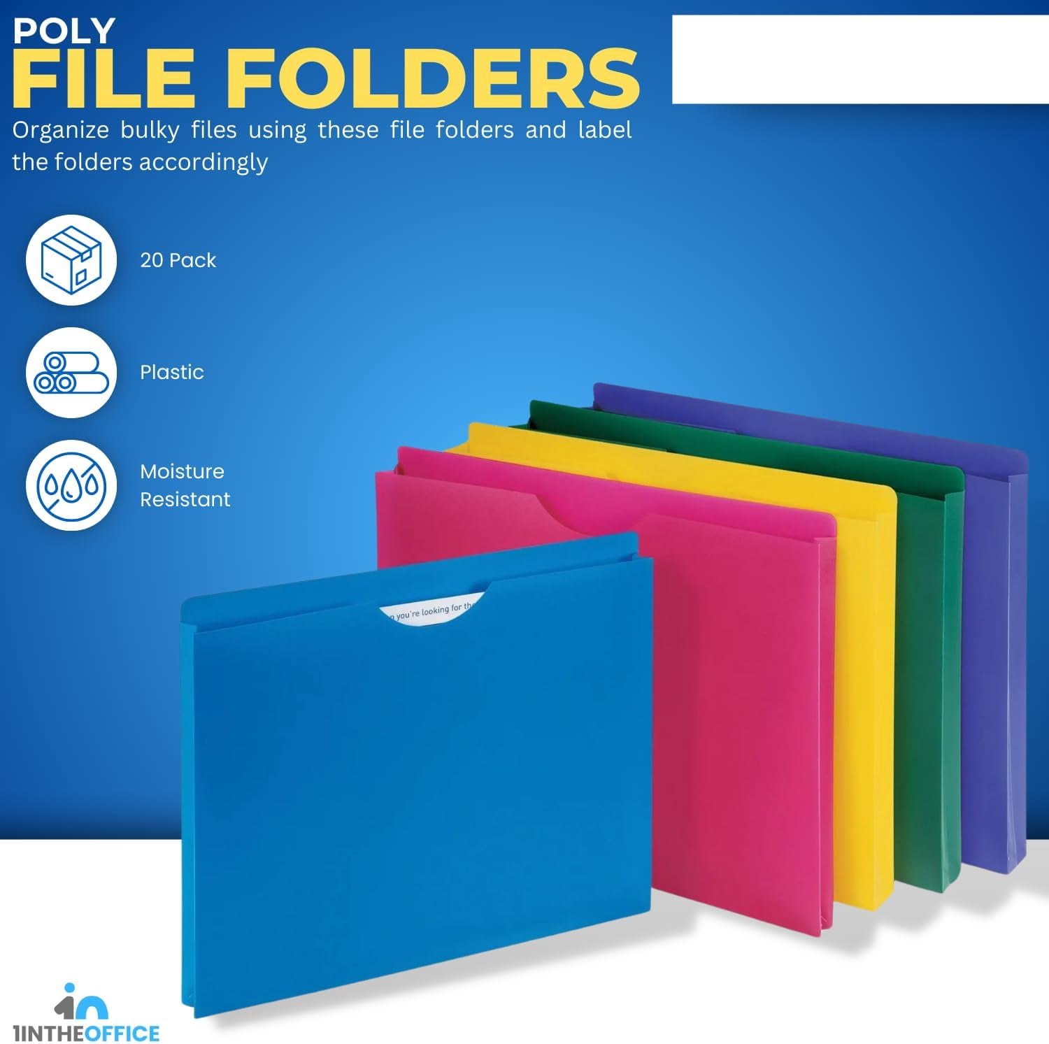 1InTheOffice Expandable File Folders, Plastic File Folders, File Jackets, Letter Size, Expandable, Assorted Colors, 20 Pack