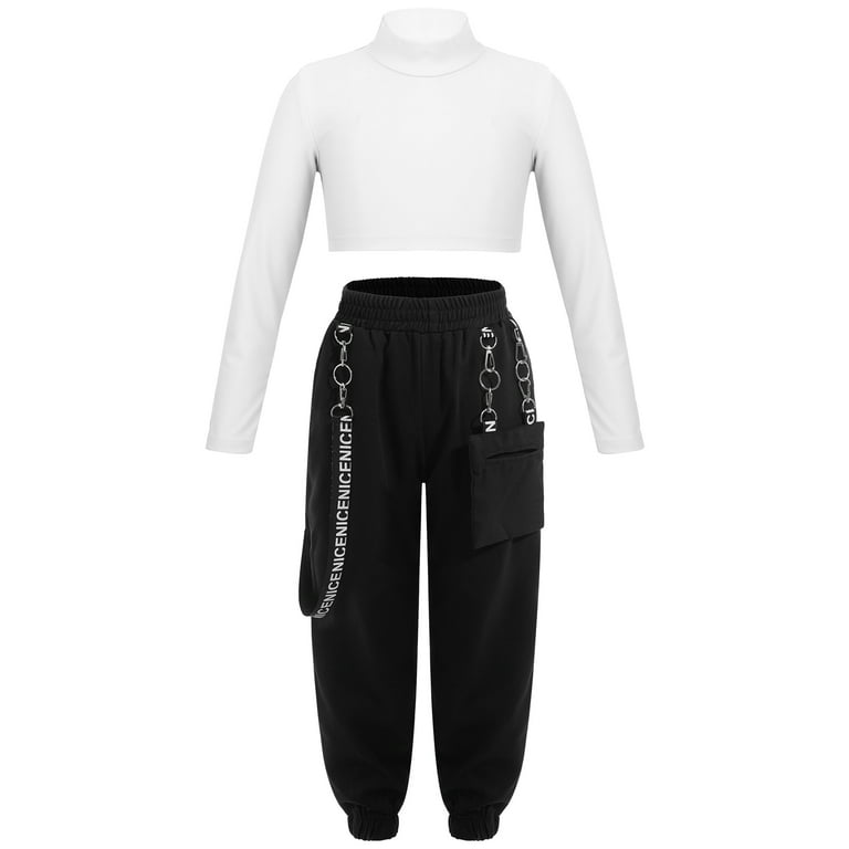 YIZYIF Girls Solid Color Long Sleeve Cropped T-Shirt with Sweatpants Dance  Suit Outfit Hip Hop Dance Costume