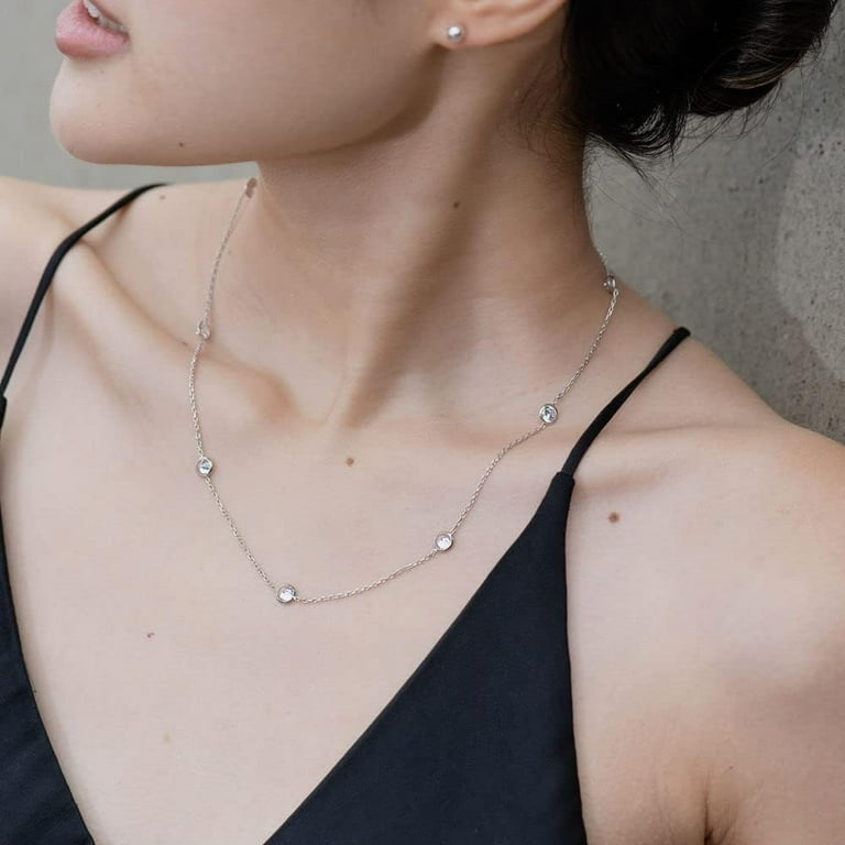 Sterling Silver Station Necklace 16 30 inch Round Cubic Zirconia CZ Station Necklace Statement Necklace for Women Teens Lead Free Nickel Free