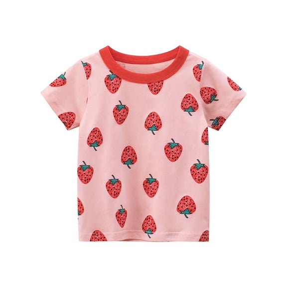MHFRRA Girls Clothes Summer Girl Co Tt On Printed Short Sleeved T Shirt with Strawberry Cartoon Pattern All Over 7-8 Years