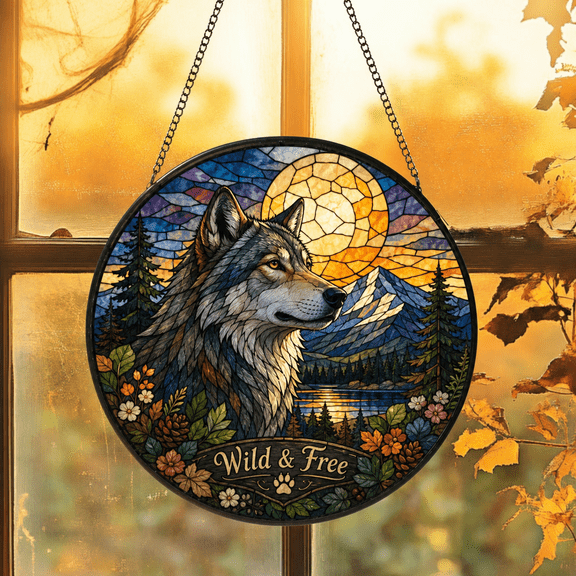 Wolf Suncatcher Window Hanging Acrylic Stained Glass Style Gift for Nature Lovers