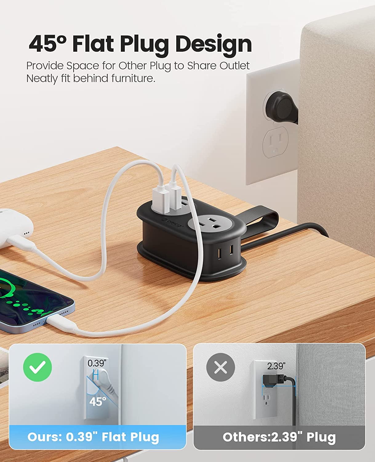 ORICO Travel Power Strip, 3.7FT Portable Power Strip with 2 AC Outlets 3 USB Ports, Wrapped Flat Plug Travel Extension Cord, Multi Plug Extension Cord for Travel, Cruise, Office, Hotels