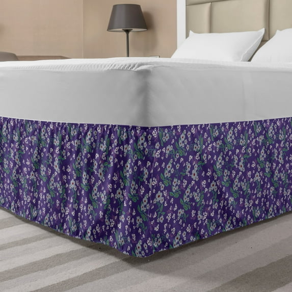Spring Bed Skirt, Continuous Flora Abstract Bloom Garden, Elastic Bedskirt Dust Ruffle Wrap Around for Bedding Decor, 4 Sizes, Quartz Purpleblue, by Ambesonne