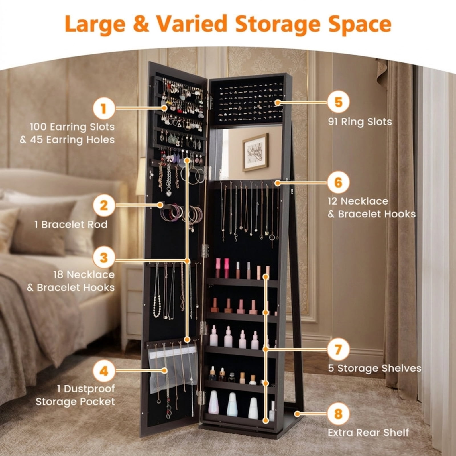 Furnibear Standing Lockable Jewelry Storage Organizer with Full-Length Mirror for Bedroom Dressing Room Jewelry Necklace Rings Storage Mirror, Coffee