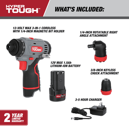 HYPER TOUGH 12V MAX LITHIUM-ION 3-IN-1 MULTI-HEAD POWER DRILL SET WITH 1.5AH BATTERY AND CHARGER