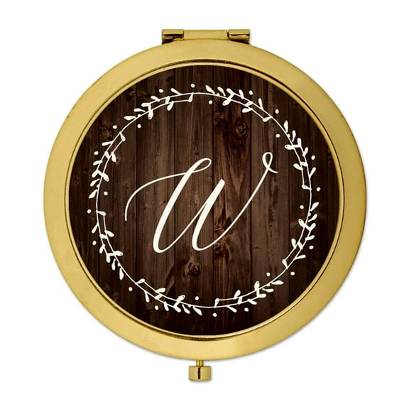 Koyal Wholesale Gold Compact Mirror Bridesmaid's Wedding Gift, Rustic Wood with Laurels, Monogram Letter W, 1-Pack