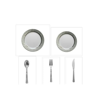 

Hammered Collection White w/Silver Hammered Border China-Like Plastic 10 Dinner Plates + 7 Salad Plates + Cutlery *Case of 120*
