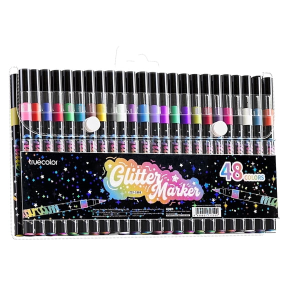 Truecolor Glitter Markers, Water-Based Ink Soft Dual Tip, Non-Bleed, 48 Colors for Drawing Journaling Crafts