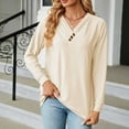 thumbnail image 2 of Besolor Womens Long Sleeve Blouses Fall Casual Loose Fit T-Shirts V Neck Button Decor Solid Color Comfy Tunic Tops, 2 of 7