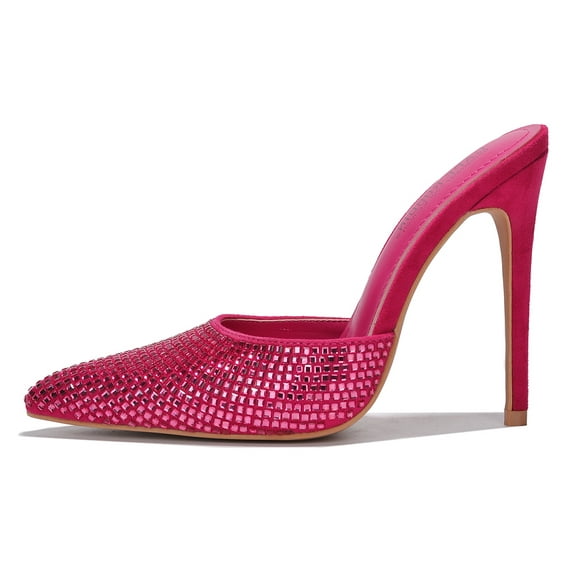 Cape Robbin Women Slip On Formal Stiletto High Heels Suede Pointy Toe Bling Rhinestones KLAYTON Hot Pink Fuchsia 7.5