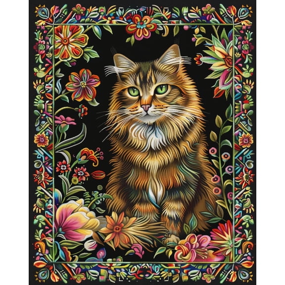 Portrait of Cat Surrounded by Flowers DIY 11CT Stamped Cross Stitch Kits for Beginners Easy Needlepoint Embroidery Counted Cross Stitch Art Craft for Wall Decoration 12x16inch(5)