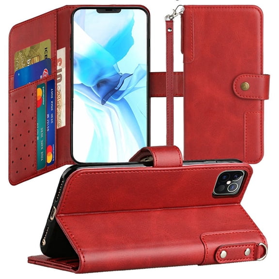 For Iphone 12 Iphone 12 Pro Open Camera Hole Retro Wallet Card Holder Case Cover - Red