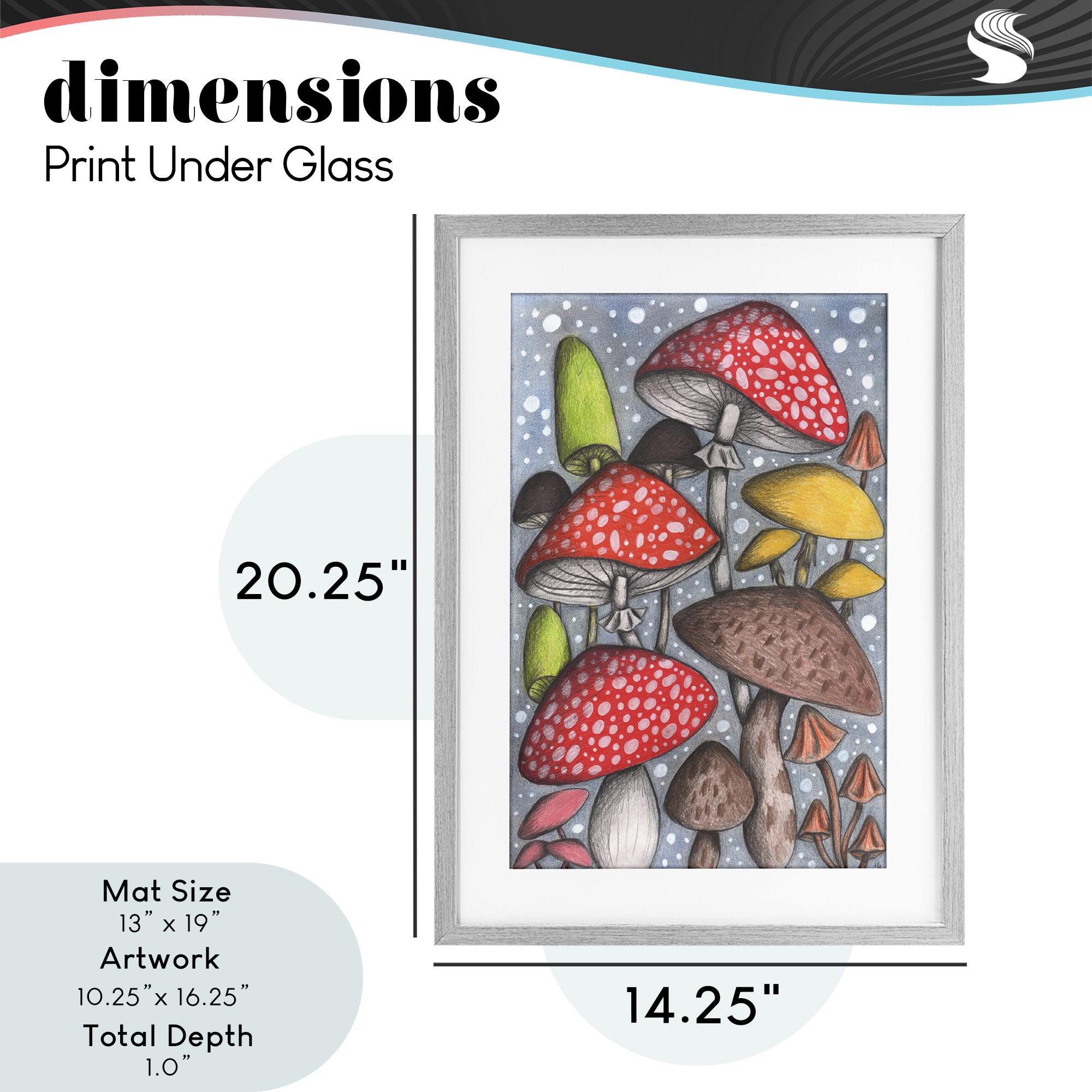 Sketched Magical Mushrooms Gray Framed Print Under Glass, design by Cecilia Battaini