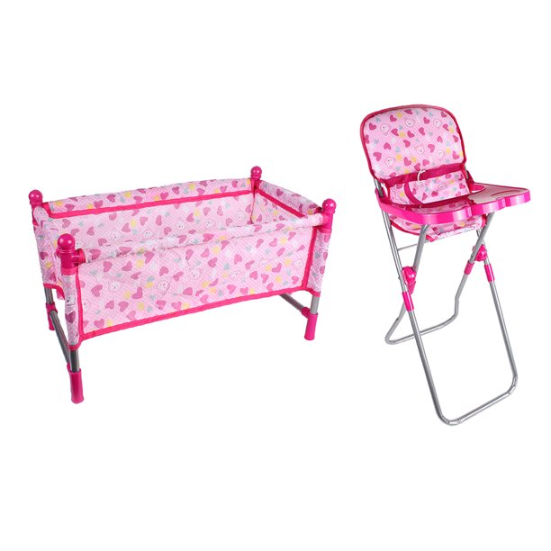2 Pieces Simulation Pretend Furniture Pink High Chair and Crib Bed Set