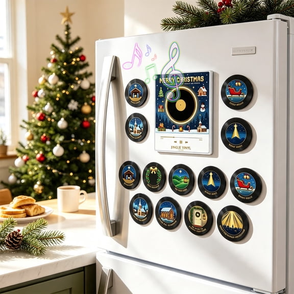 Magnetic Christmas Mini Vinyl Record Player Set, Light‑up Magnetic Fridge Vinyl Music Box with 9 Interchangeable Album Discs, Christmas Decor and Gift for Christmas Lovers