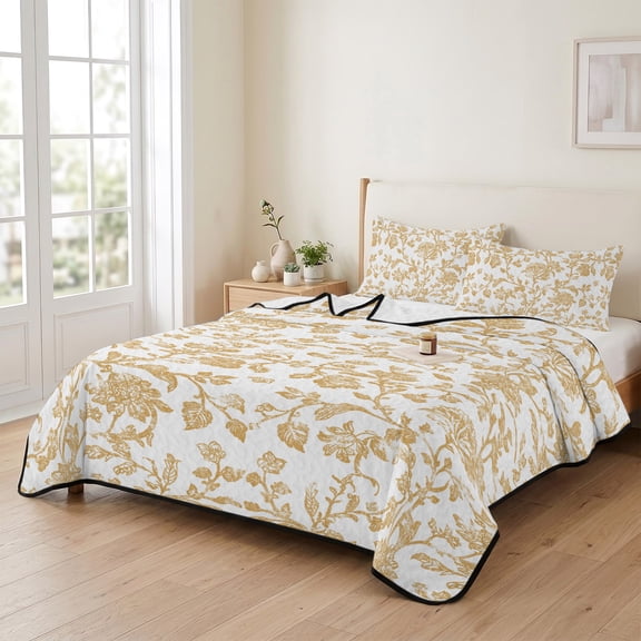 3 Piece Summer Bed Quilt Set Queen Size,Vintage Farmhouse Flowers Pattern Lightweight Bedspread Coverlet with 2 Pillowcases Yellow Floral Art Soft Comforter Bedding Quilts for All Season