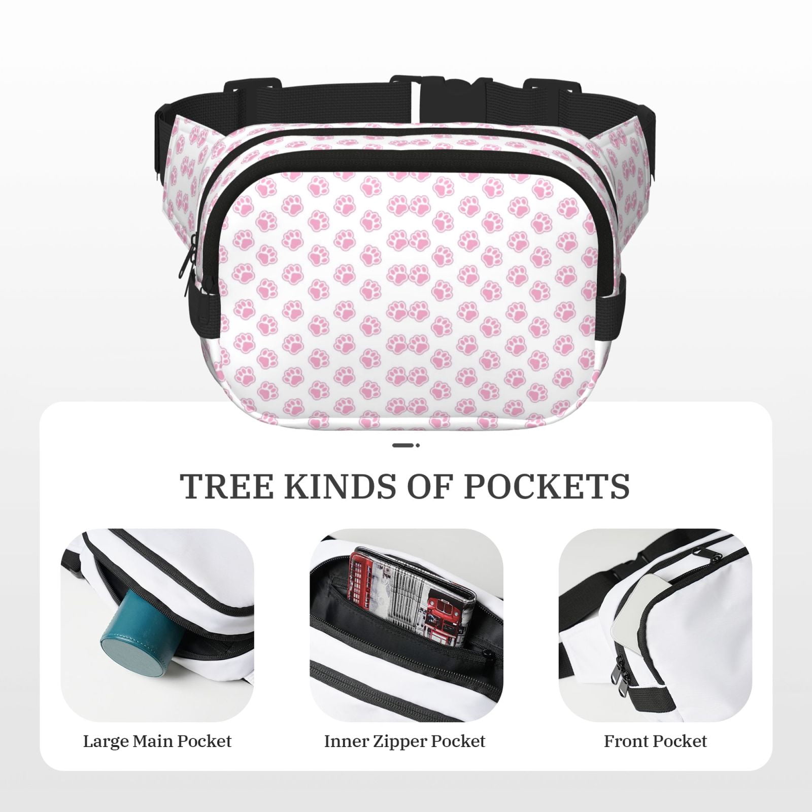 Picia Pink Paw Print Square Double-Layer Waist Bag Mini Adjustable Waist Belt Bag Exercise Running Travel Hiking