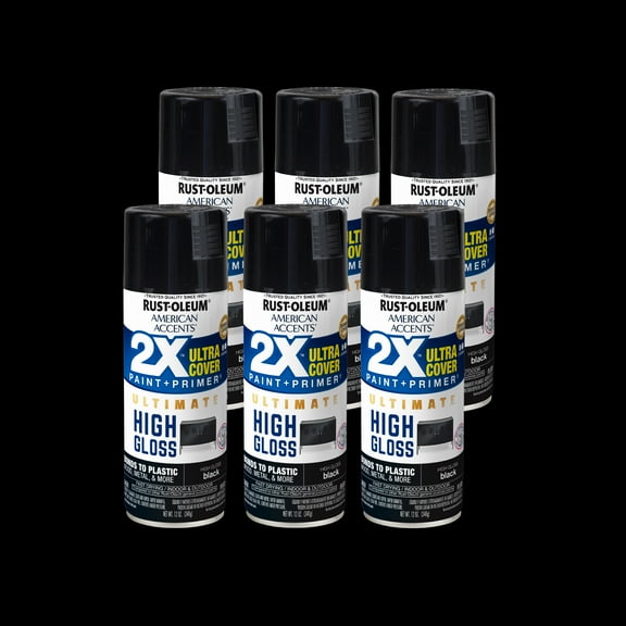 6 Pack, Black Rust-Oleum American Accents 2X Ultra Cover Hi-Gloss Spray Paint-328374, 12 oz