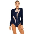 thumbnail image 5 of Aislor Women's Rhinestone Figure Skating Costume Sheer Mesh Long Sleeve Ballet Dance Gymnastics Leotard Navy Blue L, 5 of 7