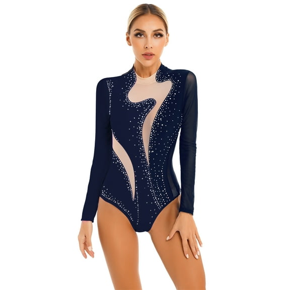 iiniim Women Ballet Dance Leotard Turtleneck Long Sleeve Gymnastics Leotards Bodysuit Tops Dancewear Navy Blue XXL