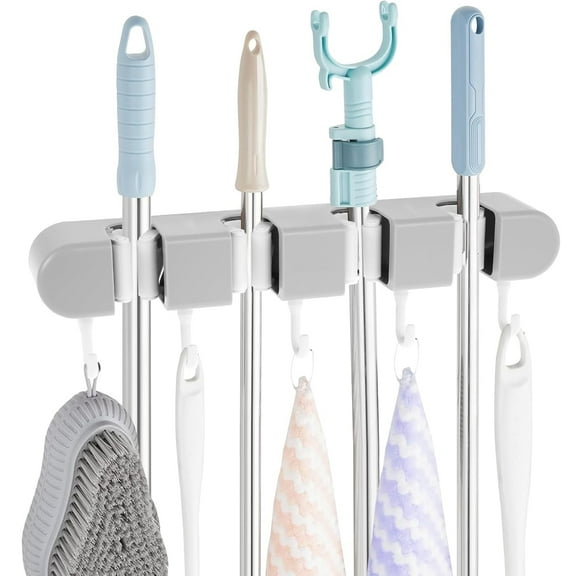 4 Racks and 5 Hook Broom Mop Holder with Hooks Wall Mounted Broom Storage Rack No Drilling Self-Adhesive Mop Broom Organizer Mop Holder Hanger for Bathroom Office Kitchen Closet Garage