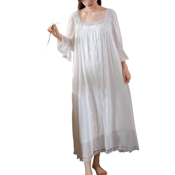 SWSMCLT Women's Cute Victorian Nightgown See Through Long Vintage Soft Mesh Fall Pajamas Princess Pjs Summer Cotton White Medium
