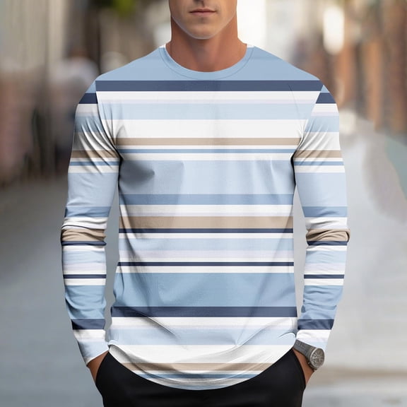 FRSASU Long Sleeve Shirts for Men Striped Casual Spandex Crewneck T-Shirt Pullover Stripe Tee Tops Light Blue-B
