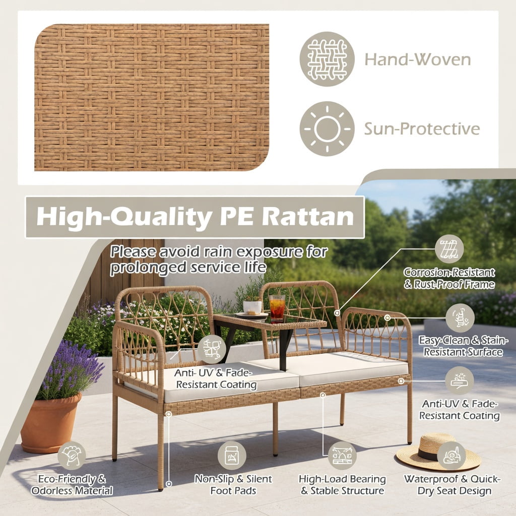 Hommoo 2-Seat White PE Rattan Outdoor Loveseat with Built-in Tempered Glass Table & Removable Cushions for Patio, Porch, Backyard, Natural