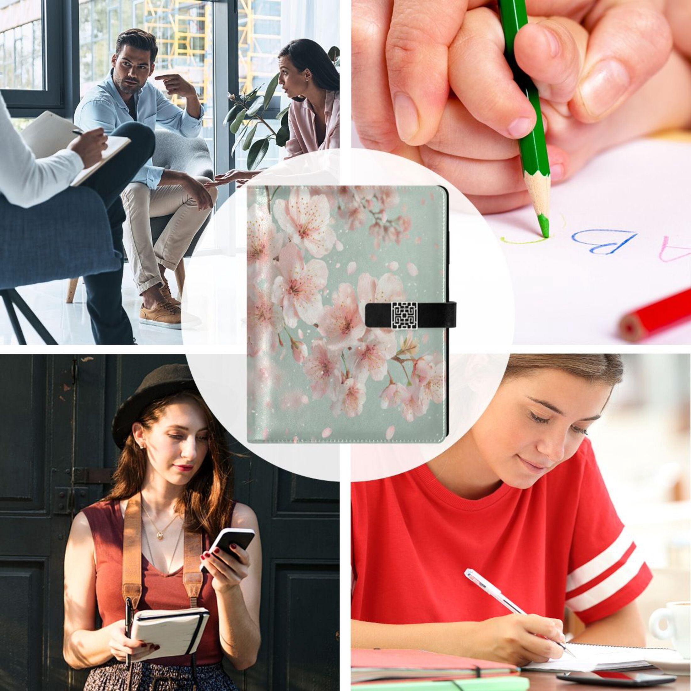 Leather Planner Leather Notebook Notebook Journal Binder Design Pen Pocket Design Convenient for Storage Beautiful Cherry Blossoms