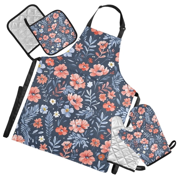 Hand-drawn Flowers 5 Pcs Kitchen Set Heat Resistant Oven Mitts and Non-Slip Pot Holders with Adjustable Cooking Apron