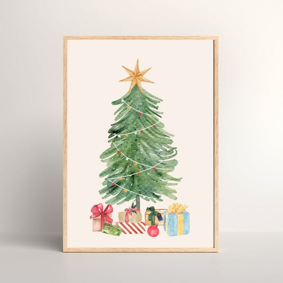 MSFCON Watercolor Christmas Tree Print | Tree with Presents | Wall Art | Holiday Decorations | Neutral Christmas Decor