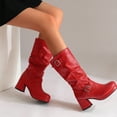 thumbnail image 3 of Platform Boots for Women Slouchy Leather Pull on Mid Calf Block Heel Dress Booties Casual Round Toe Buckle Strap Winter Long Boots Red Size 5, 3 of 7