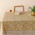thumbnail image 2 of Yellow Leaf Khadi Sanganeri Block Print Cotton Tablecloth, Handcrafted Indian Table Cover – Boho Floral Handblock Print Dining Table Linen (72x108 Inches), 2 of 5