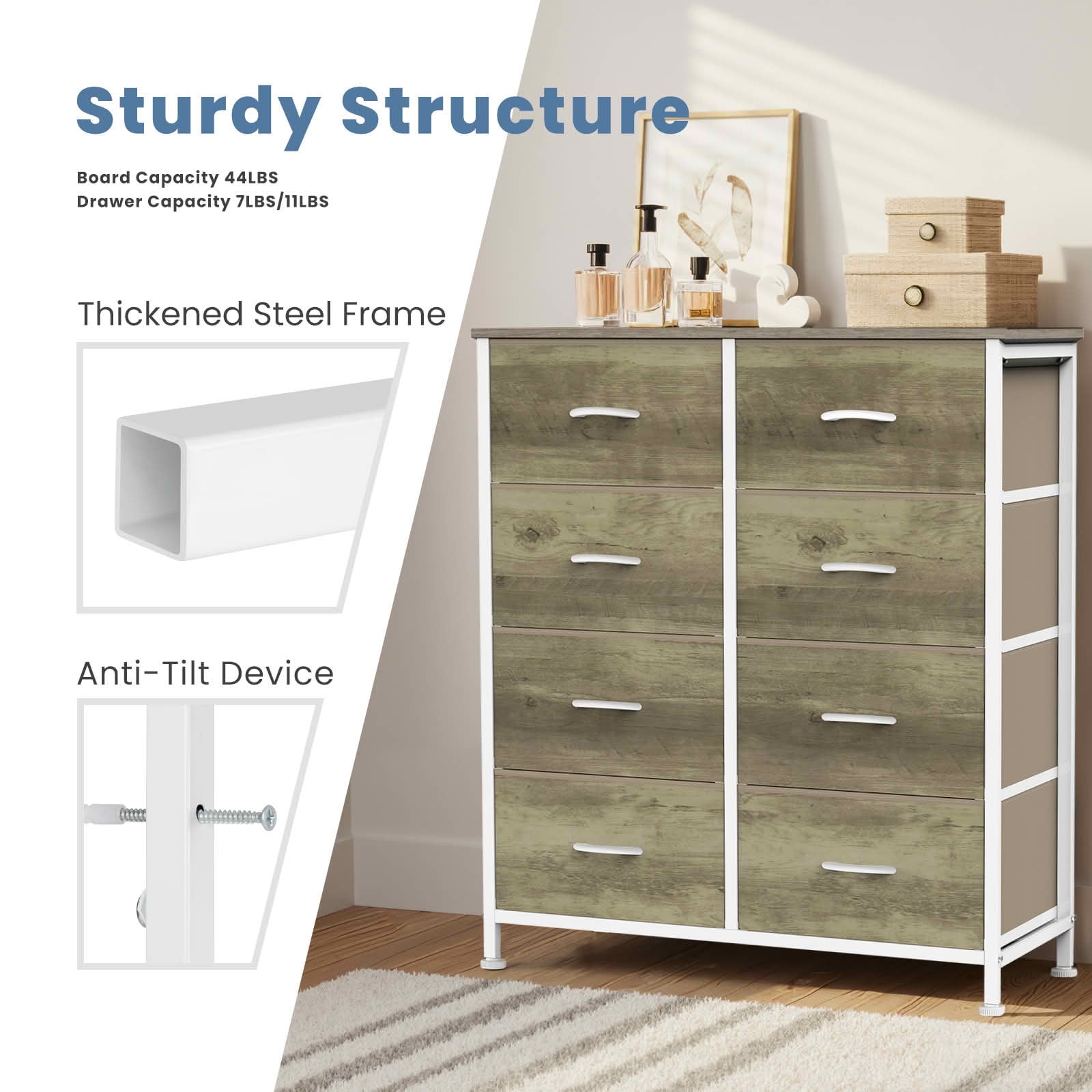 MAYEERTY 8 Drawer Tall Dresser Fabric Storage Tower Wooden Top for Kid Room Closet Entryway Nursery
