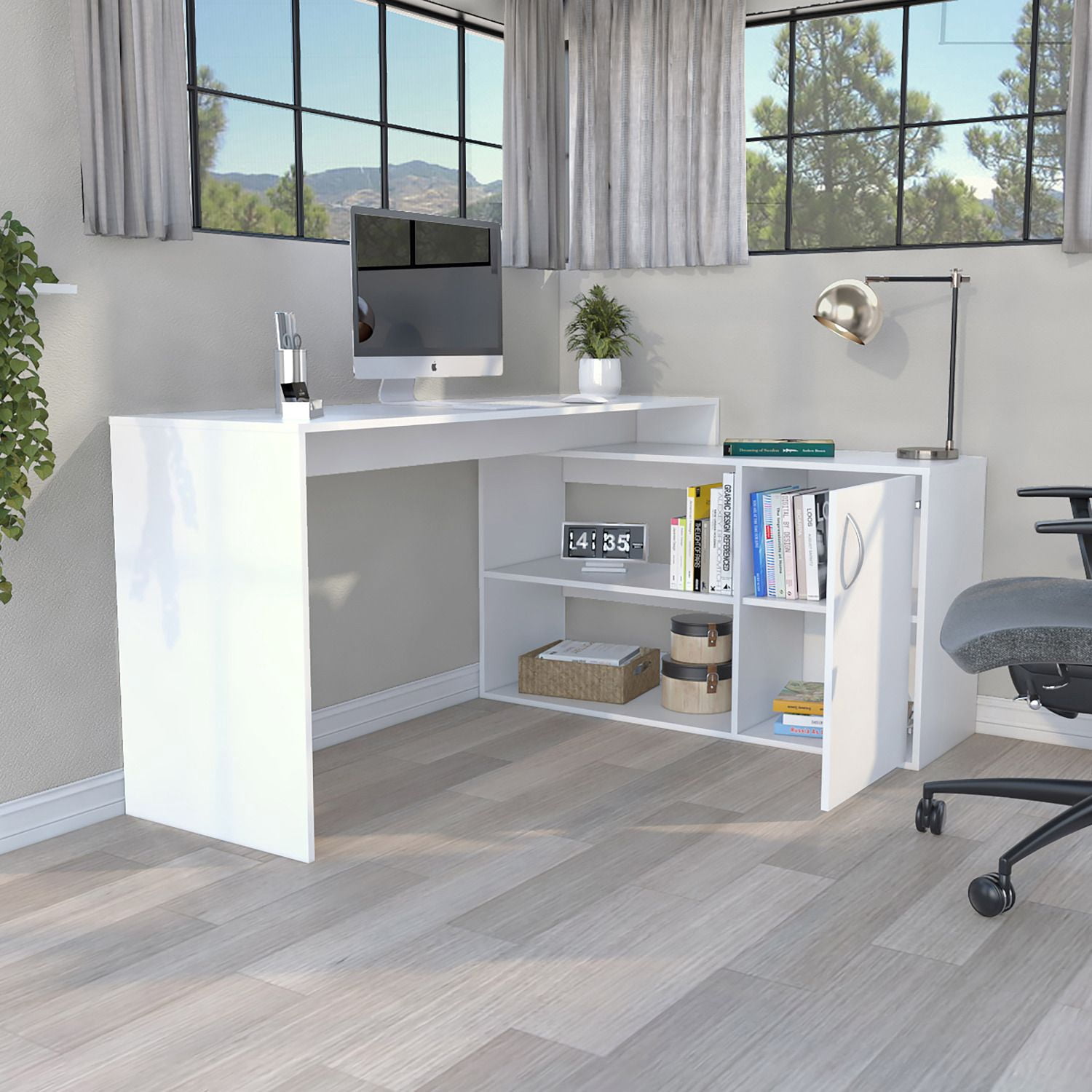 Asteroutdoor L-Shaped Desk, White, Corner Office Desk with Shelves and Cabinet