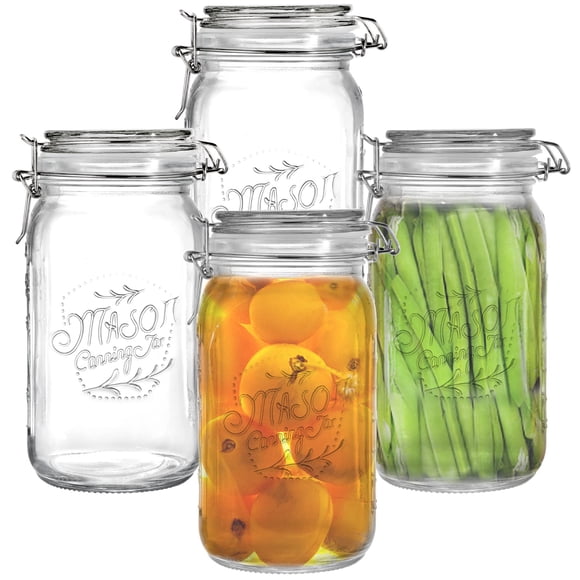 Tebery Lot de 4 Pots Mason en Verre Transparents à Grand Ouverture avec Couvercles à Pince Hermétiques, Contenants de Rangement en Verre de 32 Oz Grands Bocaux de Cuisine pour Aliments, Farine, Passé