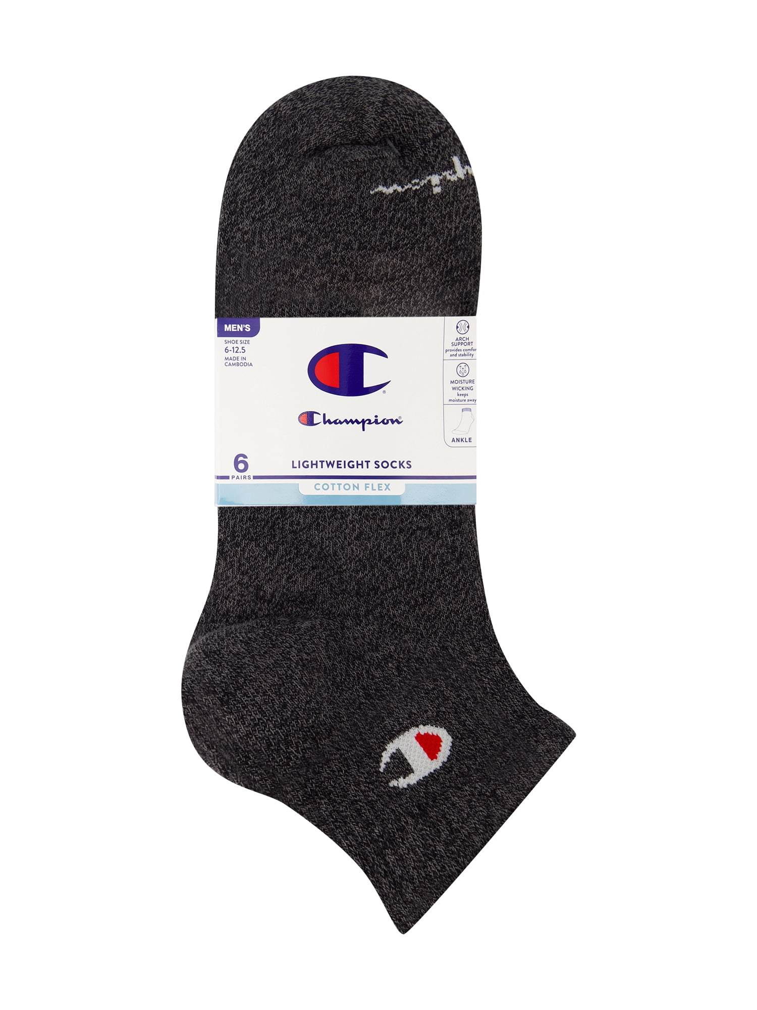 Champion Men’s Lightweight Ankle Socks 6 Pack, Moisture-Wicking, Arch Support, Stretch Comfort, Sizes 6–12.5