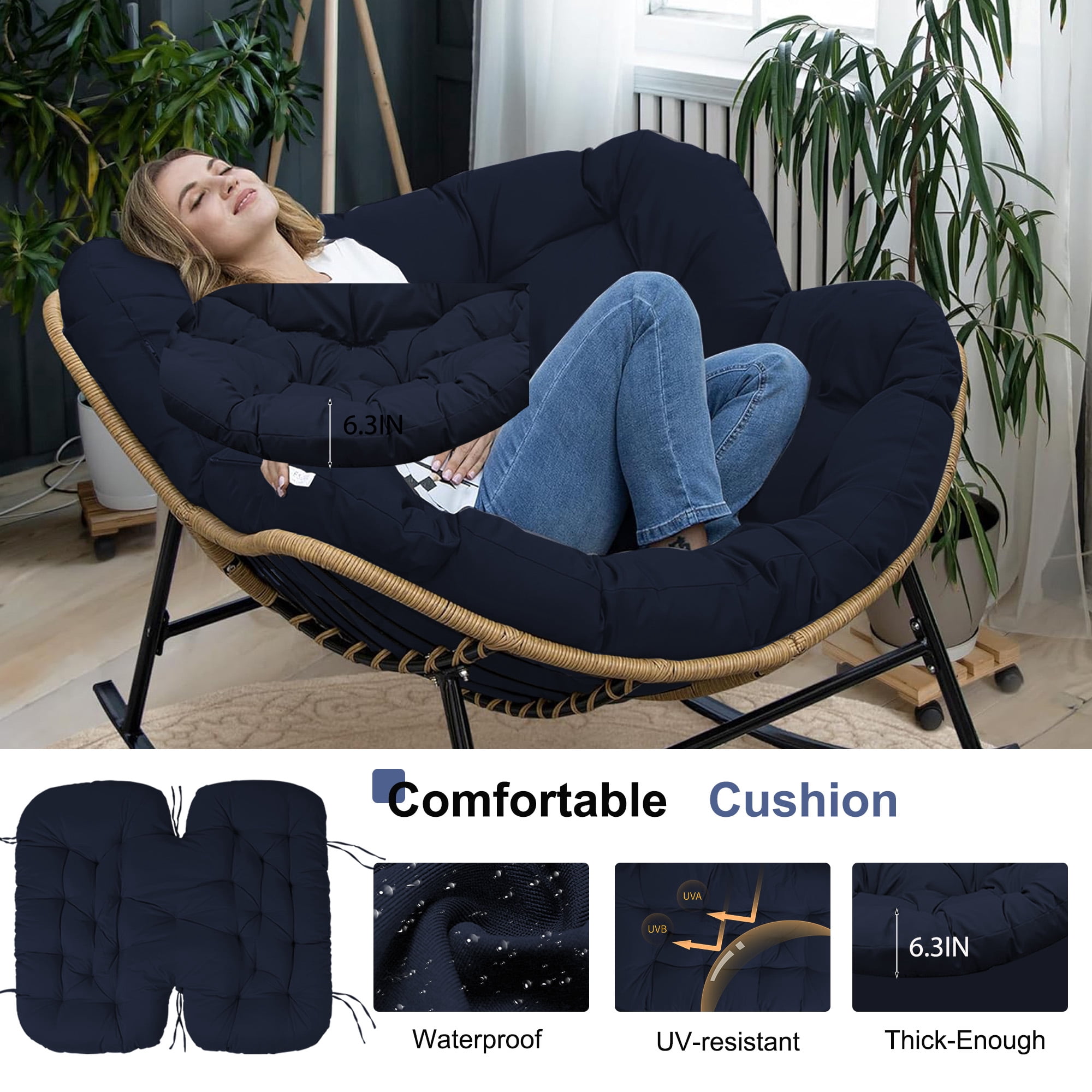 Outdoor Rocking Chair Cushions 6.3" Thick, Waterproof Papasan Chair Cushion, Fade-Resistant Patio Egg Lounge Chair Cushions for Indoor Outdoor Garden, Porch, Balcony