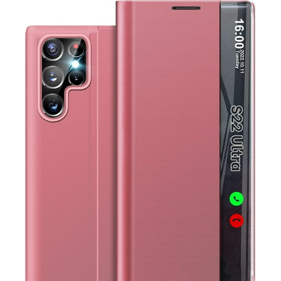 for Samsung Galaxy S22 Ultra 5G Case, Smart Clear View Window Luxury Slim Mirror for S22 Ultra Case with Kickstand, Leather Hard PC Flip Shockproof Protective Cover Samsung S22 Ultra Phone Case