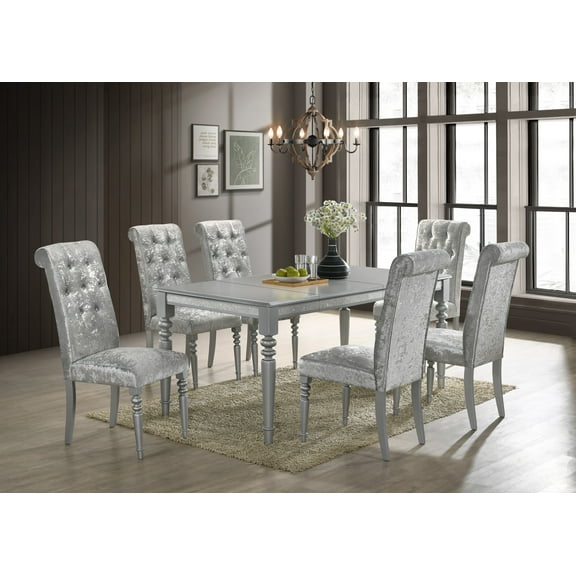 Home Design Reston 7-Piece Rectangular Dining Table with 6 Diamond-Tufted Cushioned Chairs, Turned Legs, Modern Elegant Design, Silver/Shiny Silver Gray