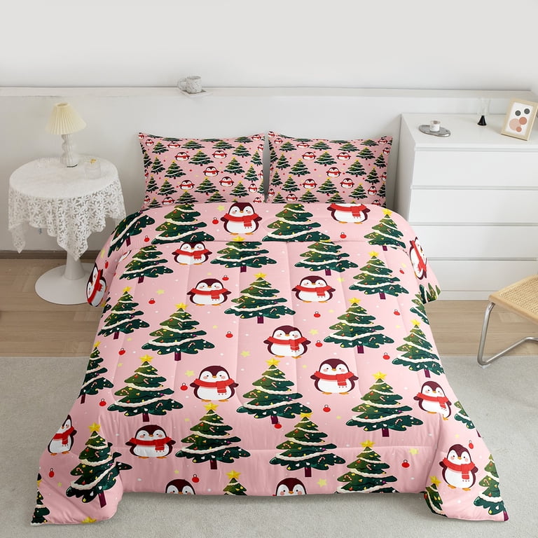 Manfei Queen Size Christmas Comforter Set 3-Piece | Red Black Plaid With Deer & Tree Print, Includes Comforter And 2 Pillow Shams