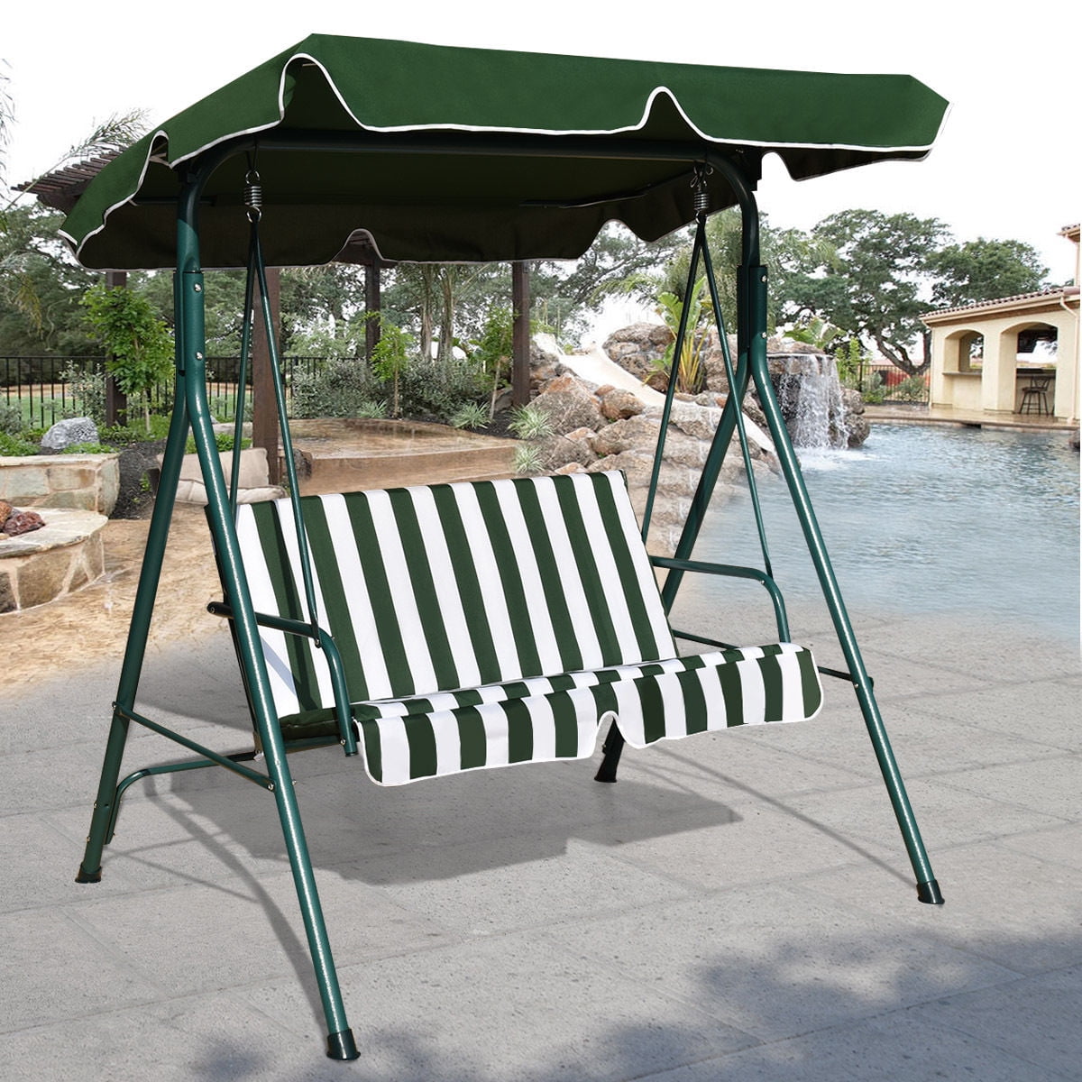 Costway Loveseat Patio Canopy Swing Glider Hammock Cushioned Steel Frame Outdoor Green